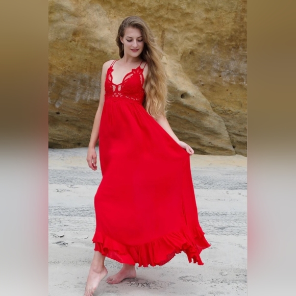 NWT Free People One Adella Maxi Slip Bright Red Size Large - Picture 3 of 4